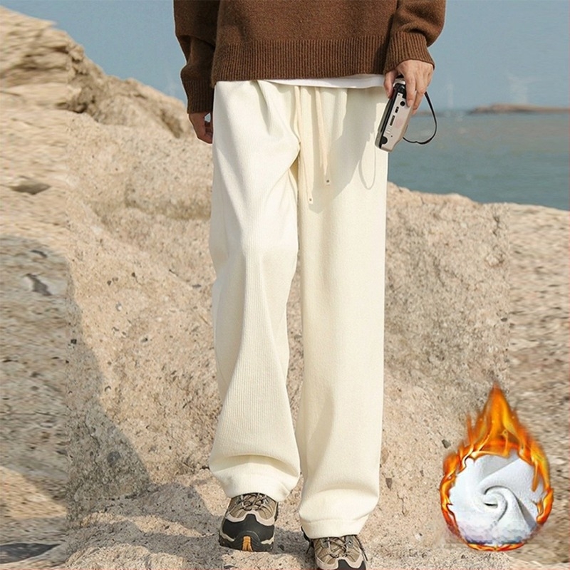 Corduroy férfi egyenes szárú, fleece-sel bélelt casual nadrág, középmagas derékkal, zsinóros zárás
