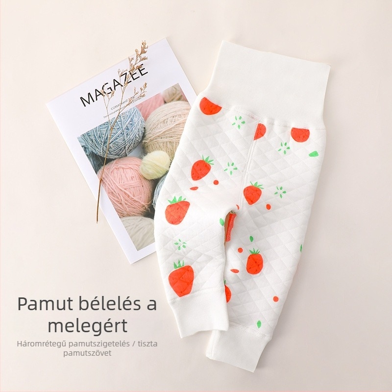 Újszülött babanadrág 100% pamutból, meleg, egy rétegű, magas derék a has védelére, gyümölcsös mintázattal, 0–1 éveseknek