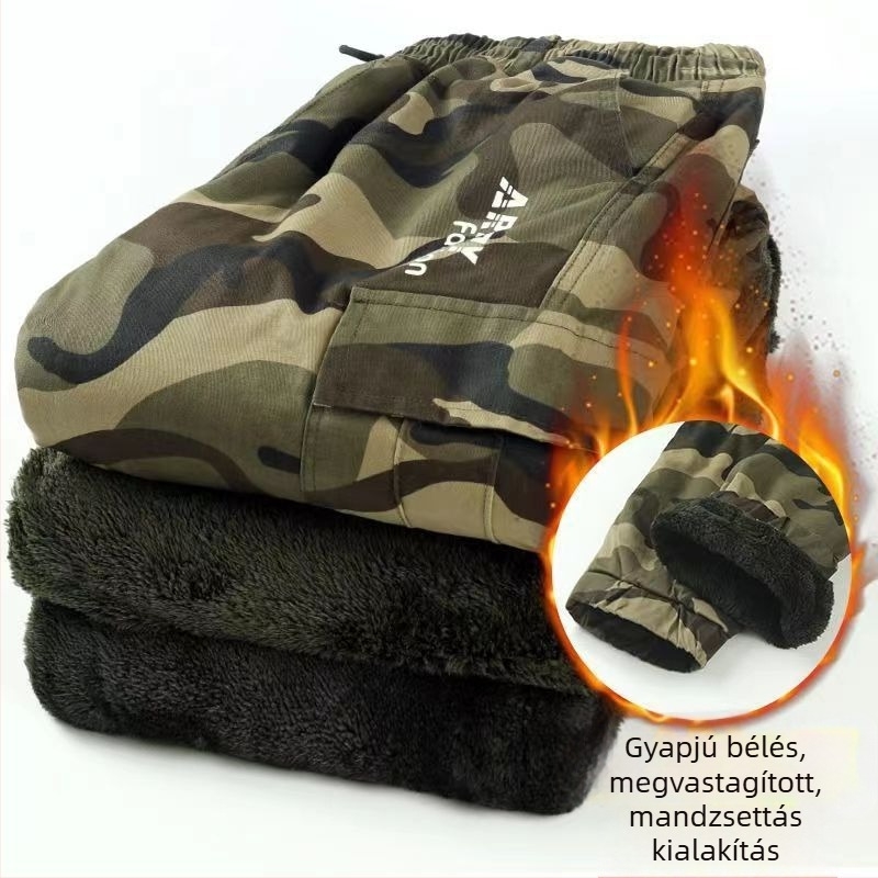 Őszi–téli fleece-béléses kamuflázzal cargo nadrág, mindennapi munkaruha stílus, több zsebbel