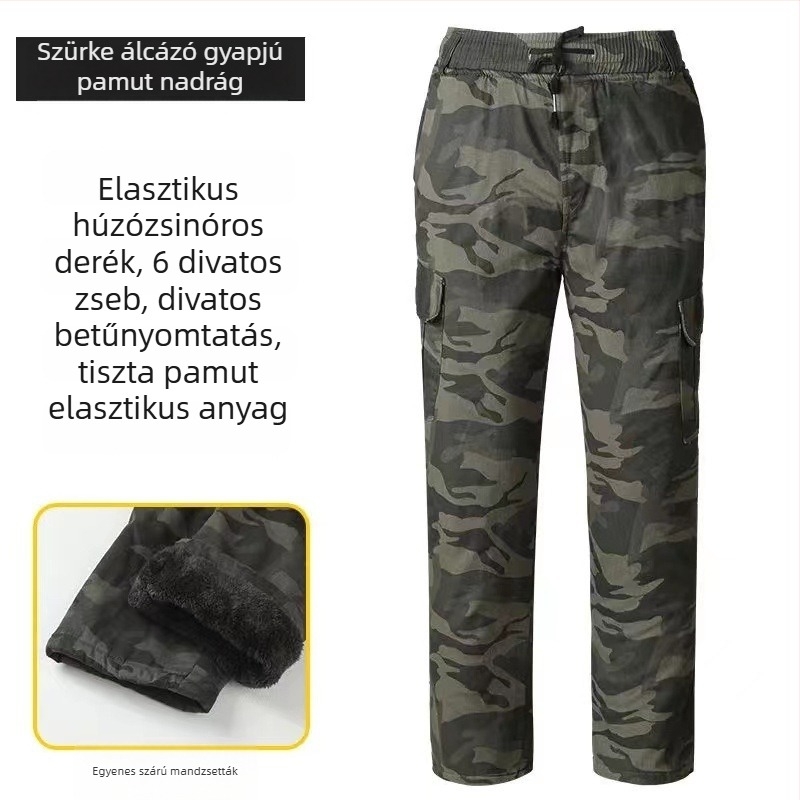 Őszi–téli fleece-béléses kamuflázzal cargo nadrág, mindennapi munkaruha stílus, több zsebbel