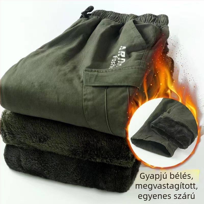 Őszi–téli fleece-béléses kamuflázzal cargo nadrág, mindennapi munkaruha stílus, több zsebbel