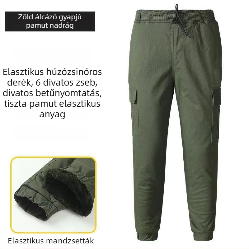 Őszi–téli fleece-béléses kamuflázzal cargo nadrág, mindennapi munkaruha stílus, több zsebbel