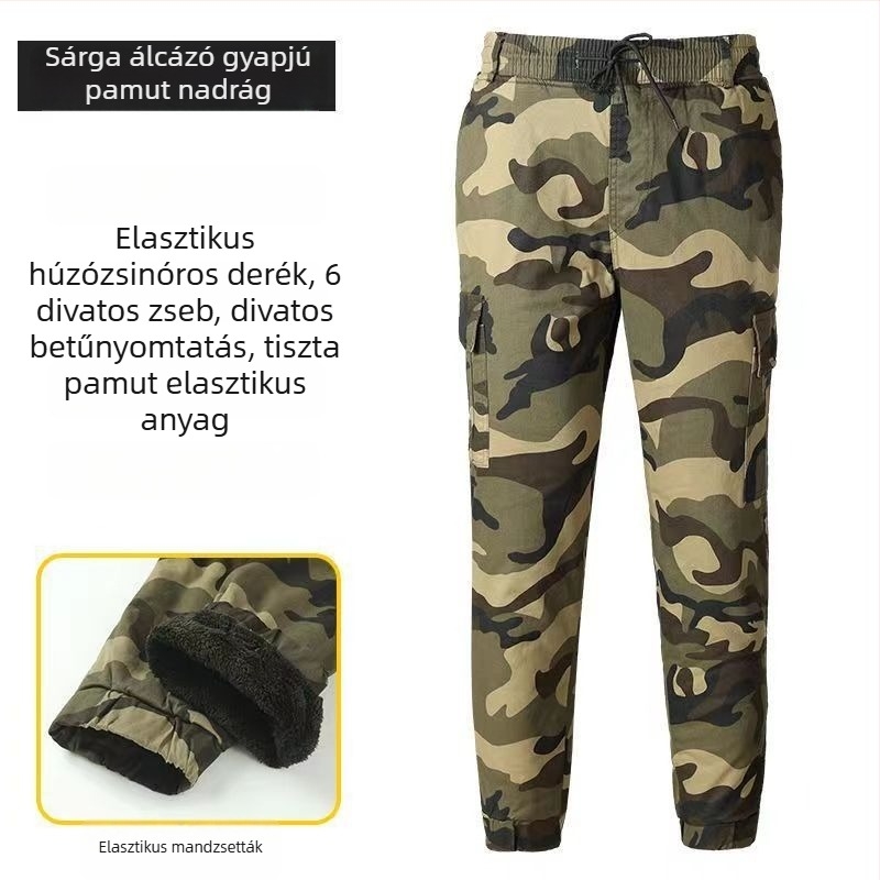 Őszi–téli fleece-béléses kamuflázzal cargo nadrág, mindennapi munkaruha stílus, több zsebbel