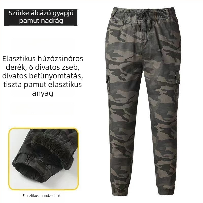 Őszi–téli fleece-béléses kamuflázzal cargo nadrág, mindennapi munkaruha stílus, több zsebbel