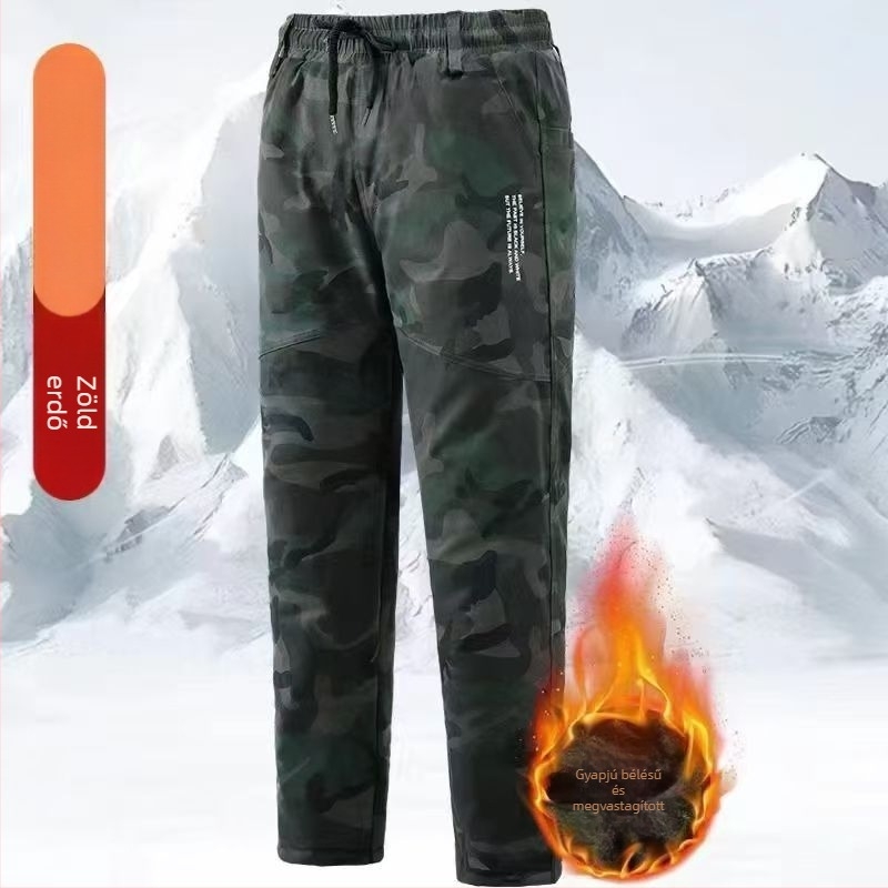 Őszi–téli fleece-béléses kamuflázzal cargo nadrág, mindennapi munkaruha stílus, több zsebbel