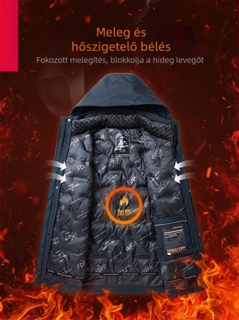 Férfi téli kabát kapucnival, pamut töltettel, levehető bélés, fleeces bélés, poliészter külső, zipzáros zsebek