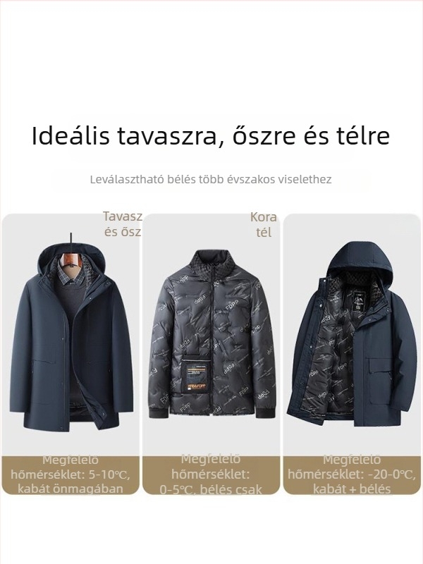 Férfi téli kabát kapucnival, pamut töltettel, levehető bélés, fleeces bélés, poliészter külső, zipzáros zsebek