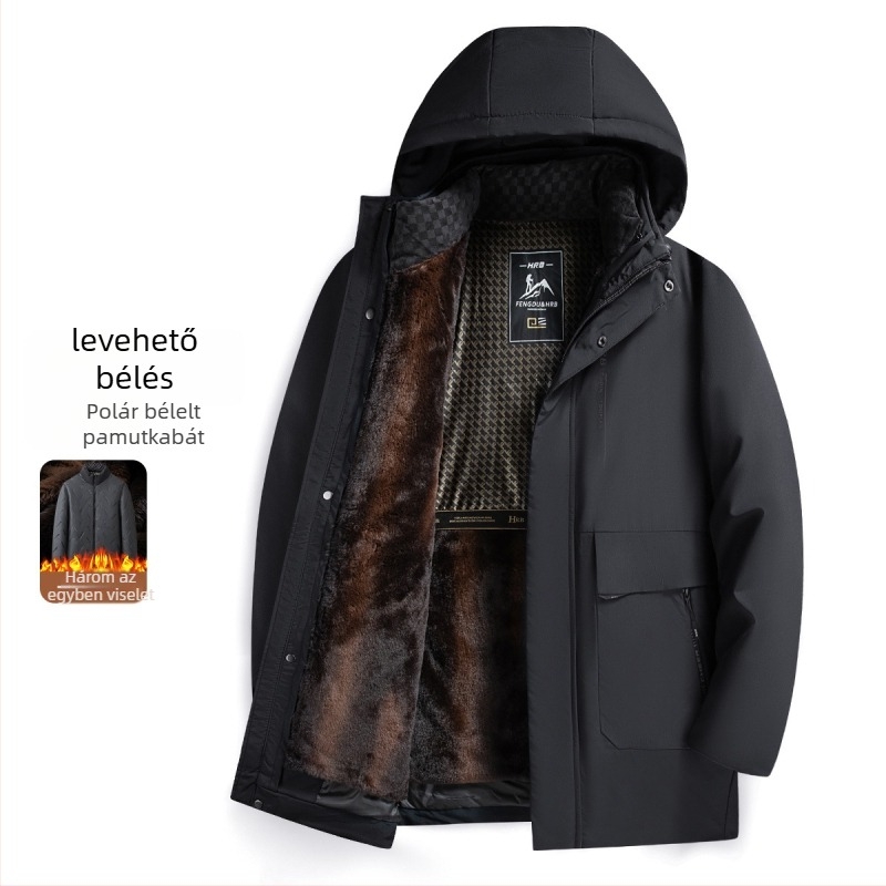 Férfi téli kabát kapucnival, pamut töltettel, levehető bélés, fleeces bélés, poliészter külső, zipzáros zsebek