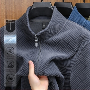 Férfi polár béléses kabát cipzárral, állógallér, jacquard mintázat, minimalist stílus, tavasz–őszre