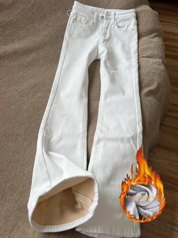 Fehér fleece-beléssel ellátott farmernadrág nőknek, őszi-téli új modell, magas derék, rugalmas, karcsúsított fazon, bootcut