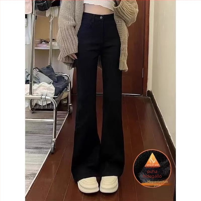 Fehér fleece-beléssel ellátott farmernadrág nőknek, őszi-téli új modell, magas derék, rugalmas, karcsúsított fazon, bootcut