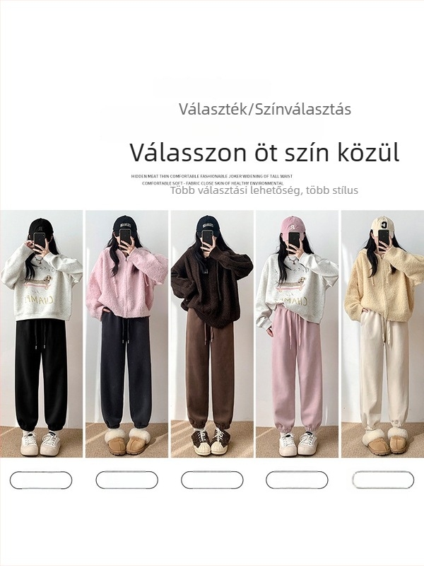 Rózsaszín polár bélelés női tréningnadrág őszi–téli szezonra, vastag és meleg, egyenes szabás, magas derék, szűkített szár