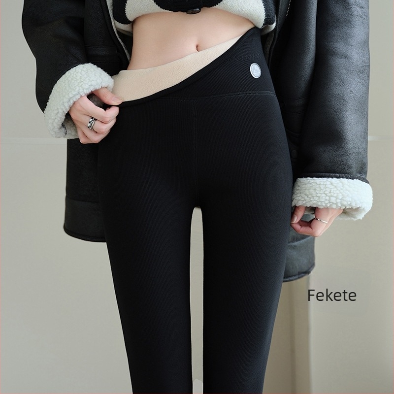 Női vastag bélelt leggings, belső fleece, bordázott kötött szövet, meleg pamut nadrág őszre– télre