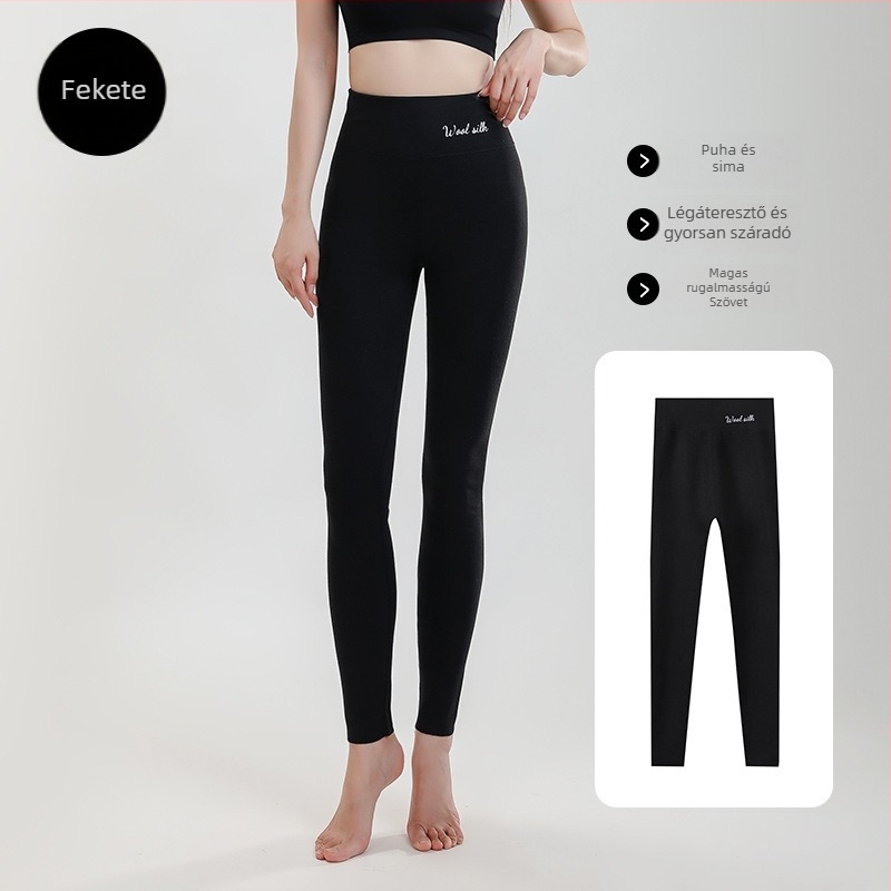 Női gyapjú-selyem termoszáró leggings, vastag fleece-bélés, magas derekú, varrás nélküli