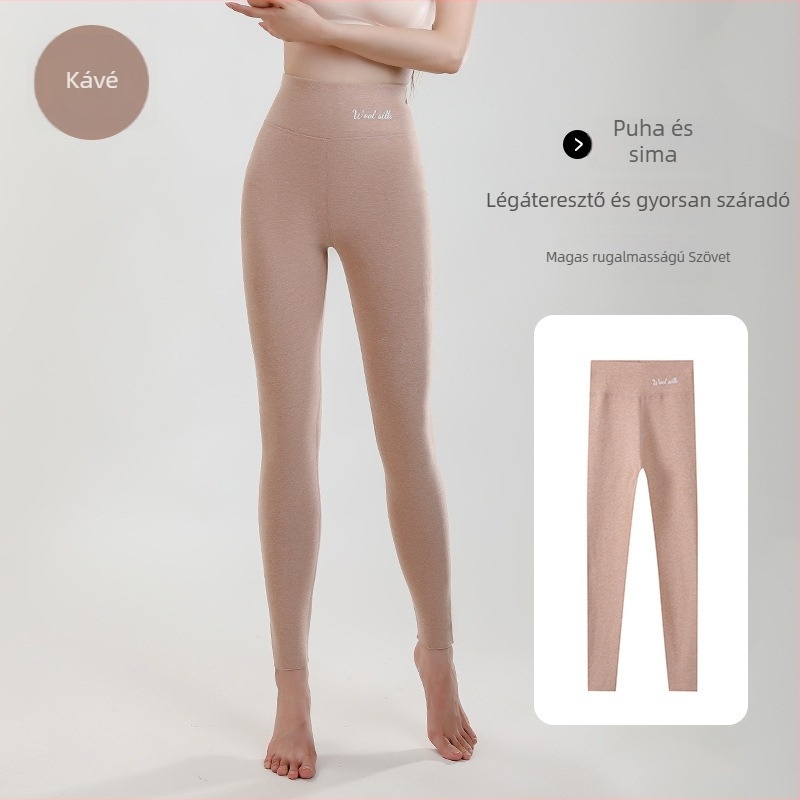 Női gyapjú-selyem termoszáró leggings, vastag fleece-bélés, magas derekú, varrás nélküli