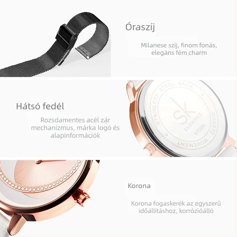 Női kvarc karóra napcsillag motívumos számlappal és gyémánt díszítéssel, 35 mm-es számlap, Miyota PC20 mechanizmus, 30 m vízállóság