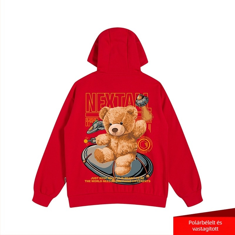 Férfi fleeces béléses kapucnis pulóver, oversize, Bear ihletésű, Hongkong-stílusú divat
