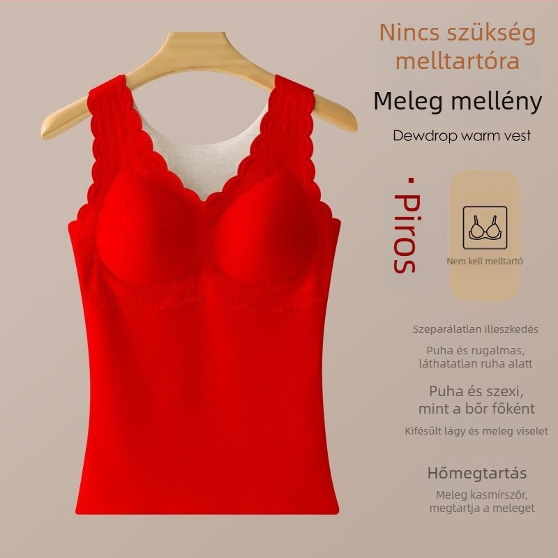 Női kasmírszálas termosz mellény beépített melltartó-támasz nélkül, csipkés alsó rész, karcsú szabás, fleece-béléssel, hideg időre