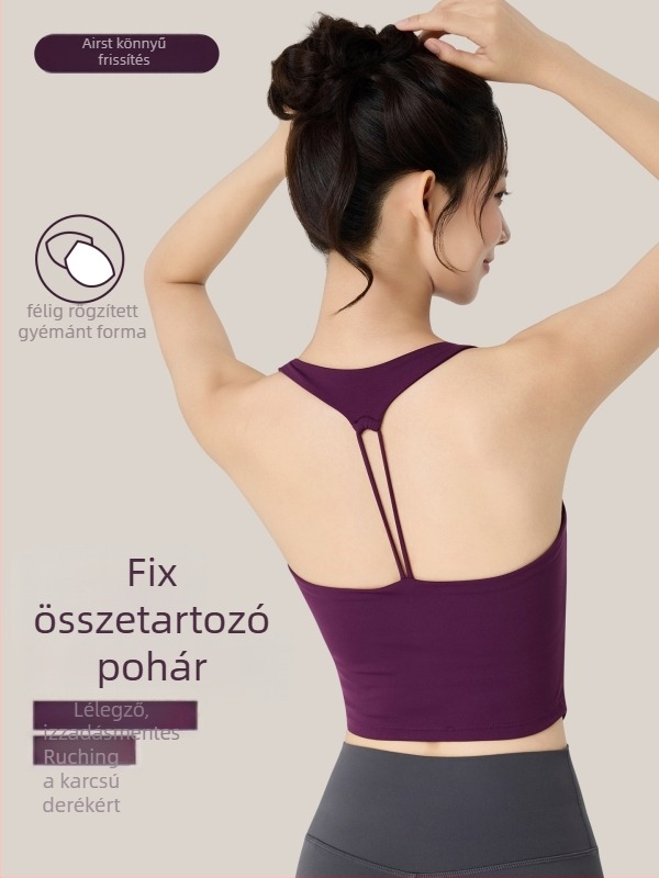 Női fitnesz jóga top beépített kosárral, lélegző hátsó rész, redőzött derék, 78% nylon 22% spandex