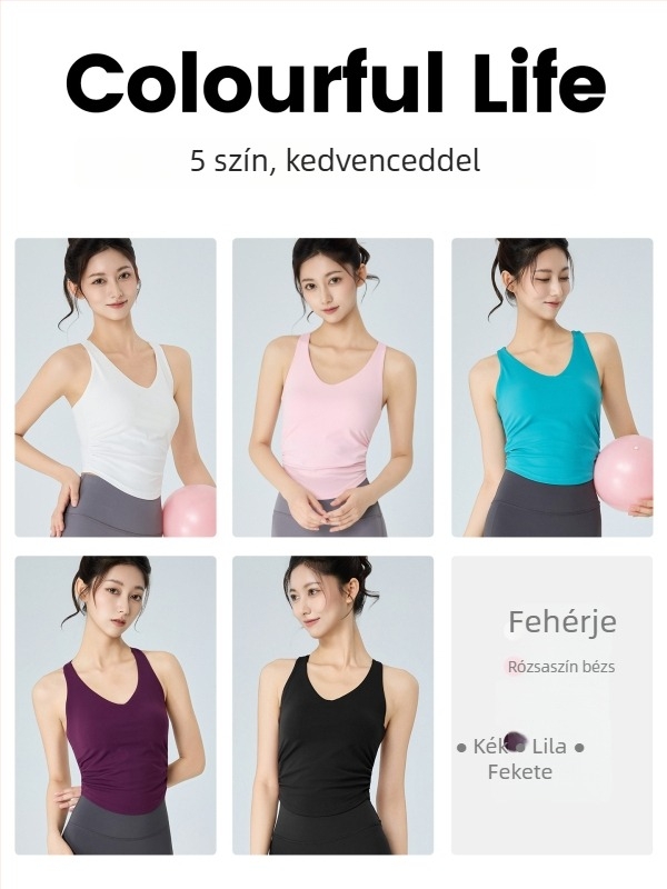 Női fitnesz jóga top beépített kosárral, lélegző hátsó rész, redőzött derék, 78% nylon 22% spandex