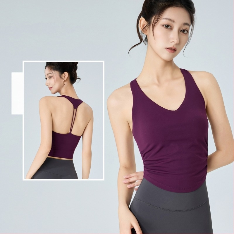 Női fitnesz jóga top beépített kosárral, lélegző hátsó rész, redőzött derék, 78% nylon 22% spandex