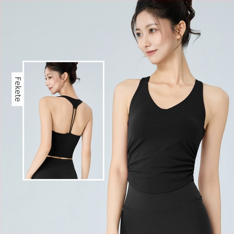 Női fitnesz jóga top beépített kosárral, lélegző hátsó rész, redőzött derék, 78% nylon 22% spandex