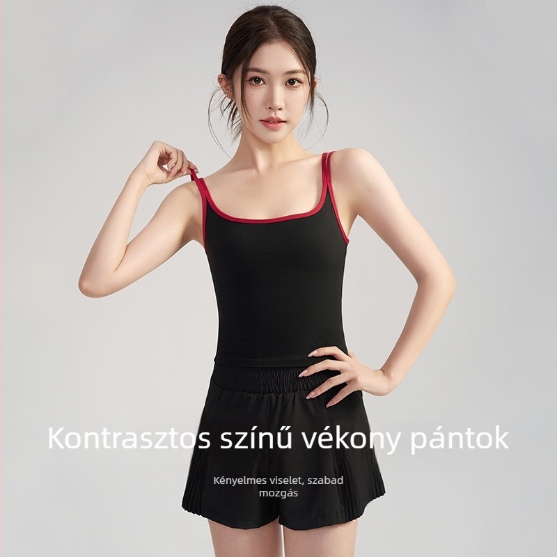 Jóga felső mellpaddel, ujj nélküli, kontrasztos vállpántokkal, légáteresztő nylon-spandex anyagból 80/20, karcsú fazon