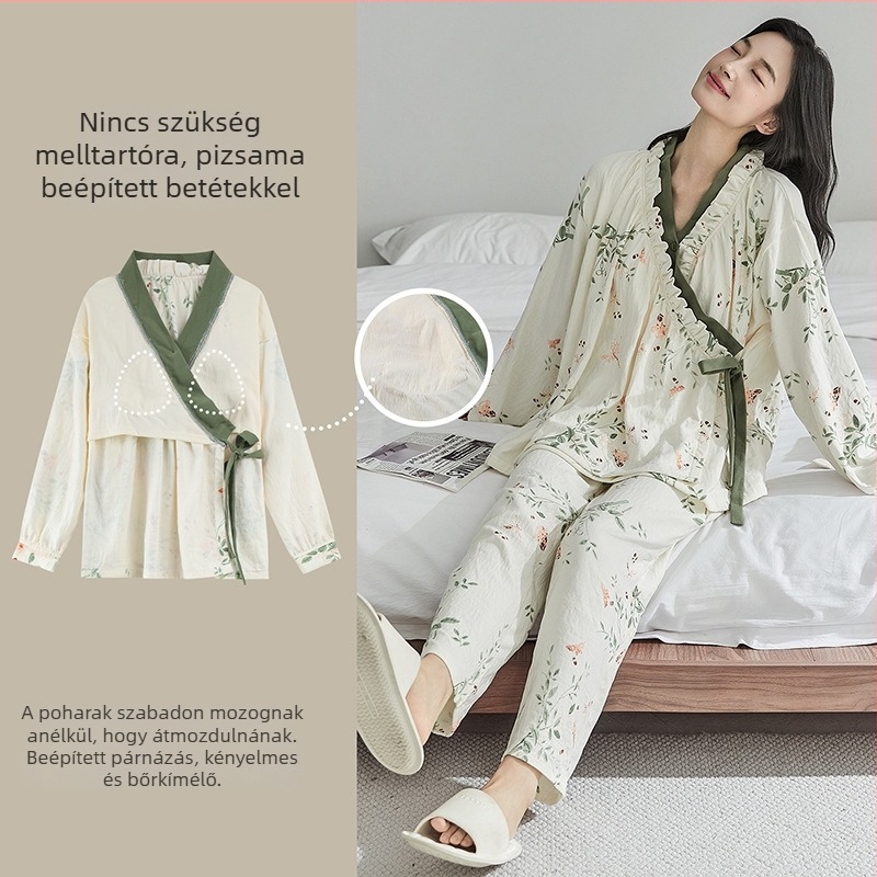 Szülés utáni női pizsama szett melltámaszos, kardigán és kimono stílusú, Cloud Cotton, 95% poliészter