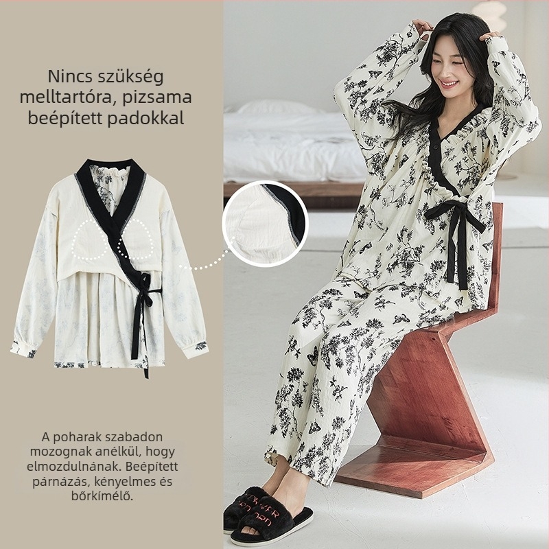 Szülés utáni női pizsama szett melltámaszos, kardigán és kimono stílusú, Cloud Cotton, 95% poliészter