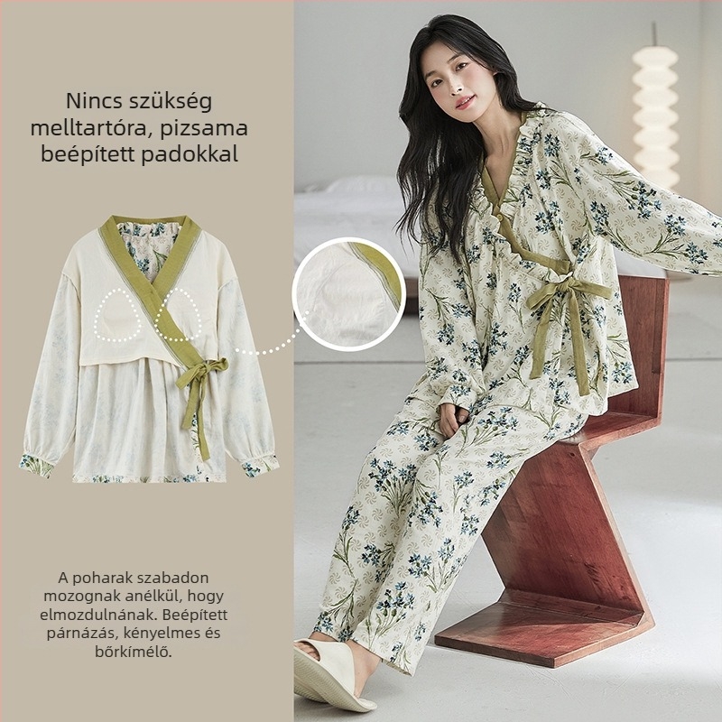Szülés utáni női pizsama szett melltámaszos, kardigán és kimono stílusú, Cloud Cotton, 95% poliészter