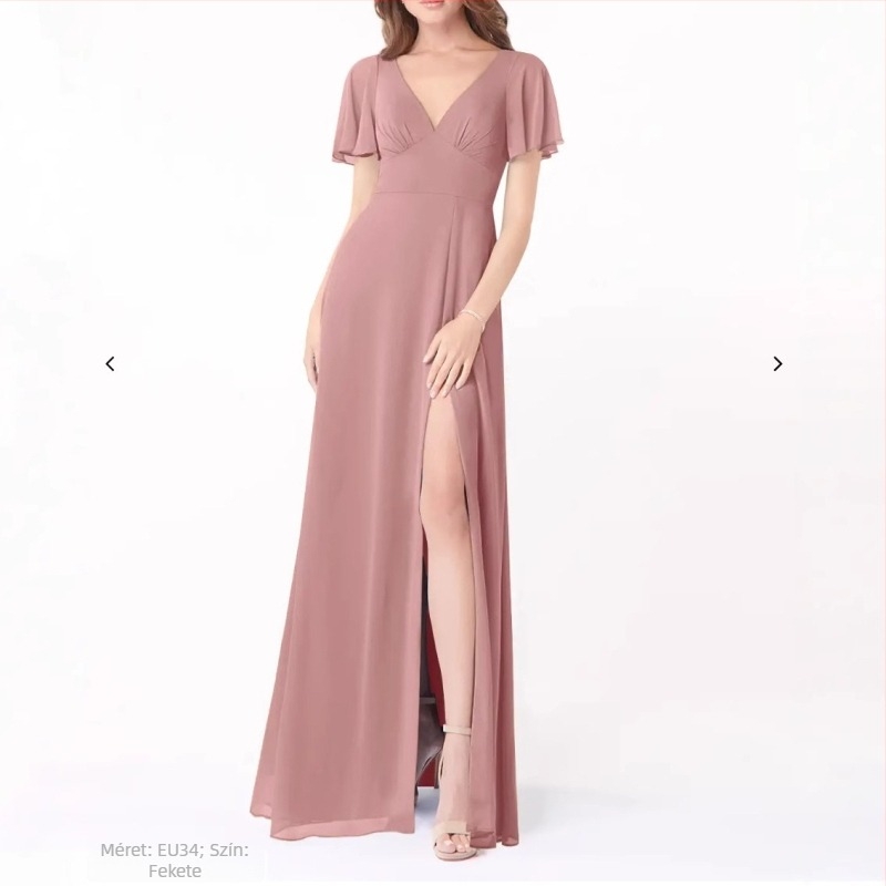 Sifonból készült koszorúslány ruha mély V-nyakkal, rövid fodros ujjakkal, hátul nyitott pánttal, hosszú A-vonalú sziluett, széles hasítékkal.