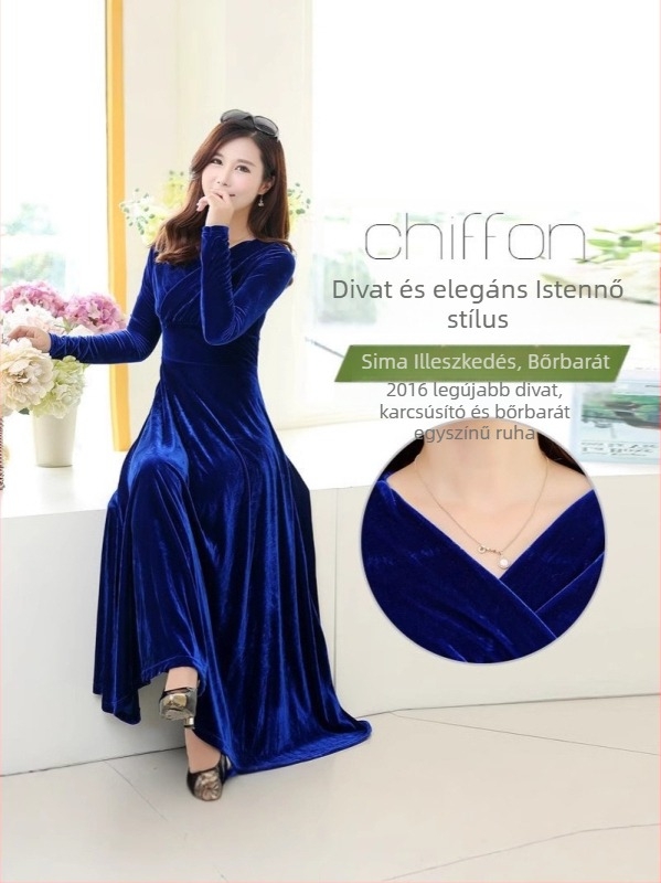 Plusz méretű bársony ruha hosszú ujjú, V-nyakú, bő szoknyával