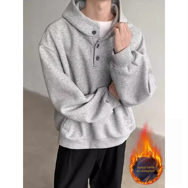 Gombos kapucnis pulóver, plusz méret, téli fleece belsővel, laza szabás, egyszínű, férfiaknak
