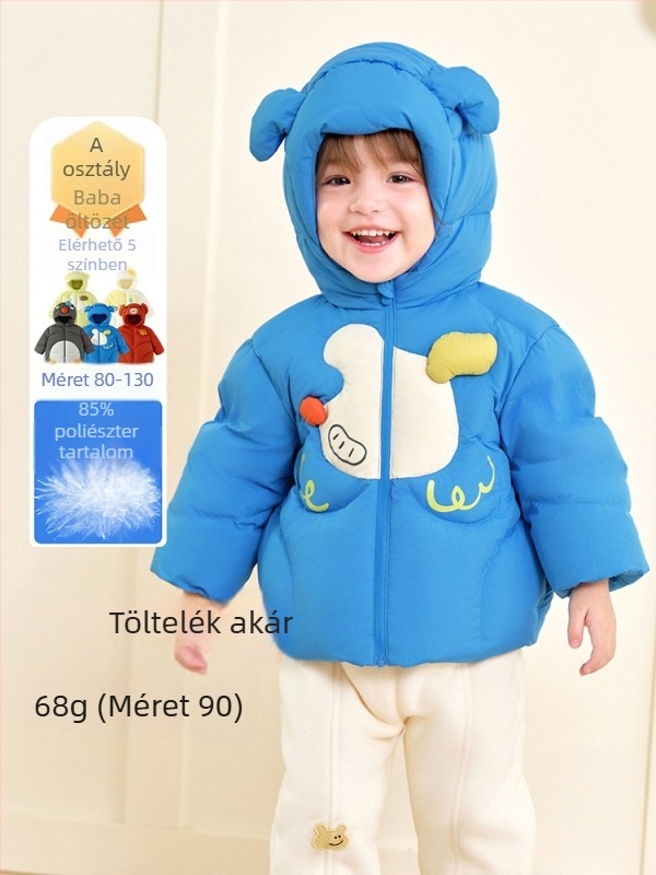 Uniszex gyerek tollkabát kapucnival, középhosszú téli kabát, fehér kacsa tollal töltve, laza szabás