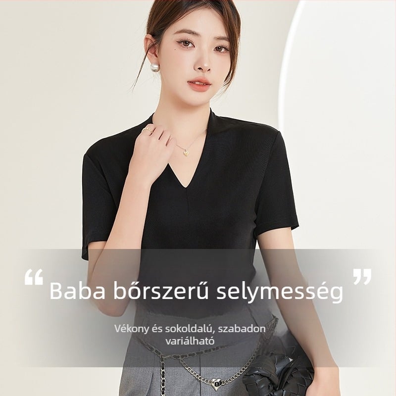 Mulberry selyem V-nyakú rövid ujjú felső, laza szabás, hossz 50-65 cm