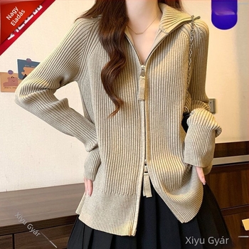 Női Chenille kötött kardigán cipzárral, magas gallérral, hercegnői ujjak, középső hosszúságú – 2025 tavasz