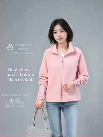 Női polár béléses kardigán pulóver, magas gallérral, cipzárral, vastag fleece