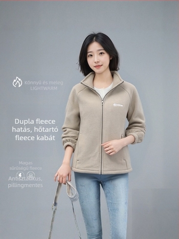 Női polár béléses kardigán pulóver, magas gallérral, cipzárral, vastag fleece
