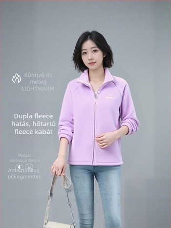 Női polár béléses kardigán pulóver, magas gallérral, cipzárral, vastag fleece