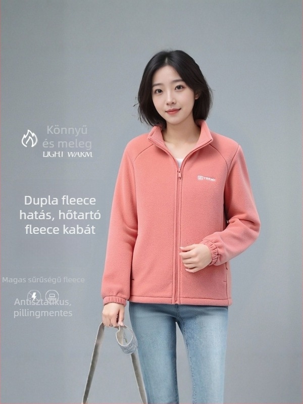 Női polár béléses kardigán pulóver, magas gallérral, cipzárral, vastag fleece