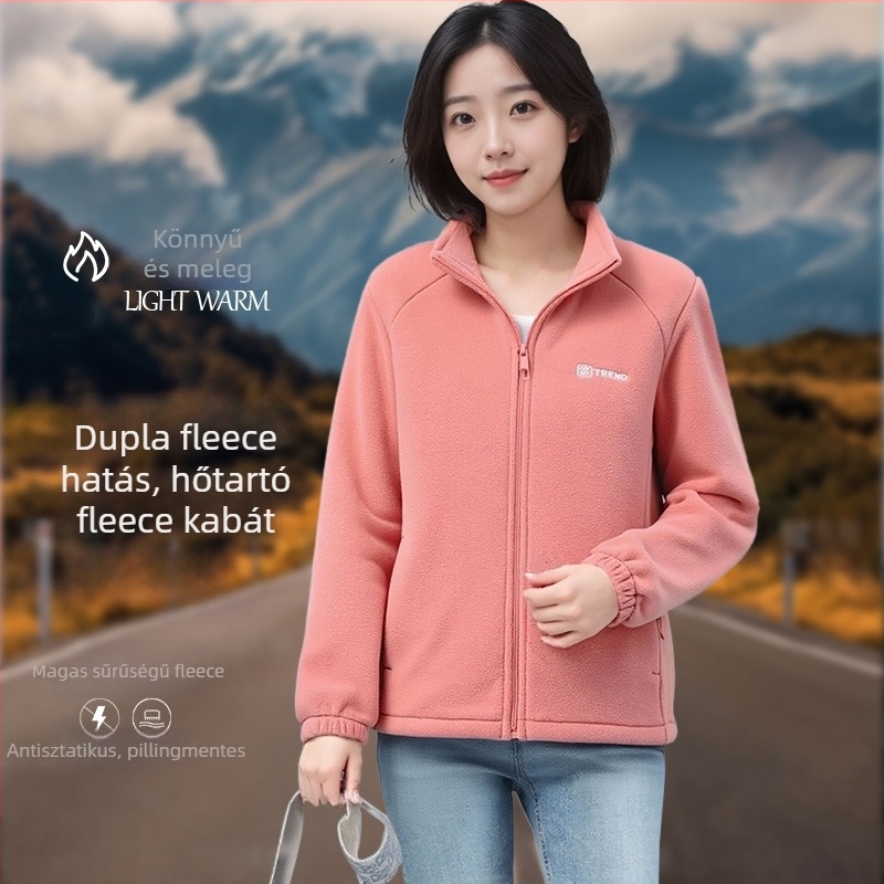 Női polár béléses kardigán pulóver, magas gallérral, cipzárral, vastag fleece