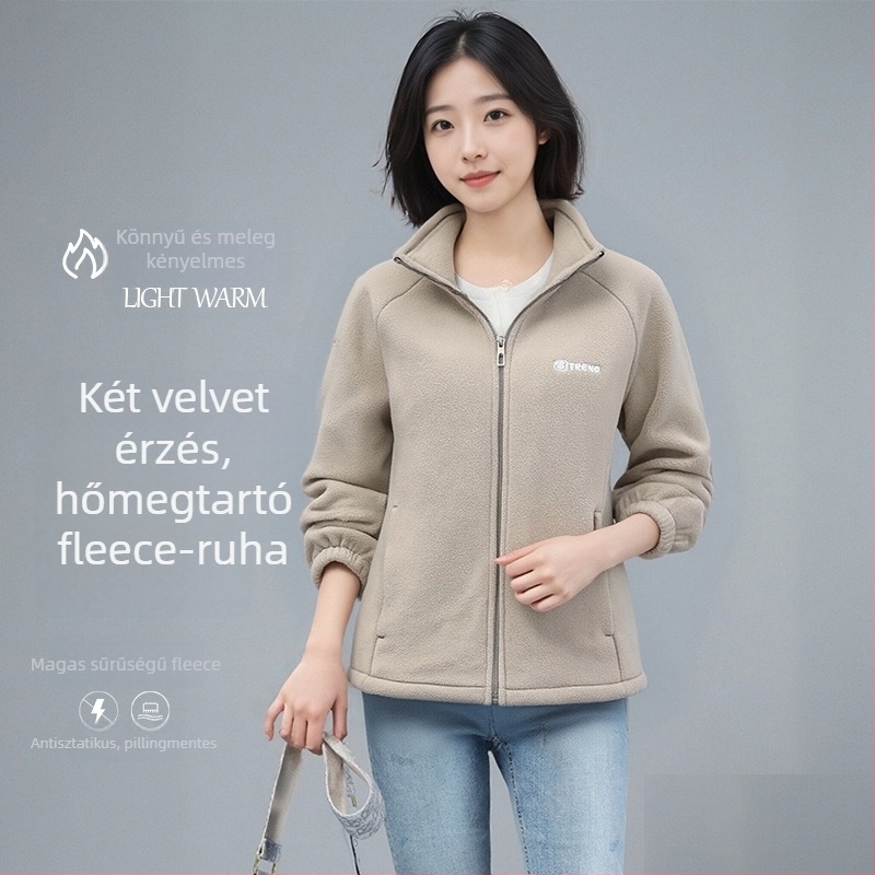 Női polár béléses kardigán pulóver, magas gallérral, cipzárral, vastag fleece