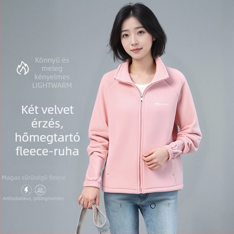 Női polár béléses kardigán pulóver, magas gallérral, cipzárral, vastag fleece