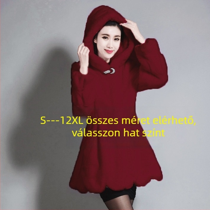 Női műszőrme kabát, kapucnival, hosszú ujjú, elegáns stílus, fő anyag tartalma 95%+