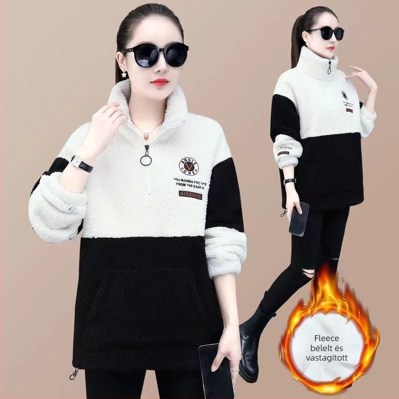 Női akrilból készült bélelt pulóver, 95%+ anyag, Peter Pan gallér, 3/4-ujjak, szirmu ujjak, 2025 ősz