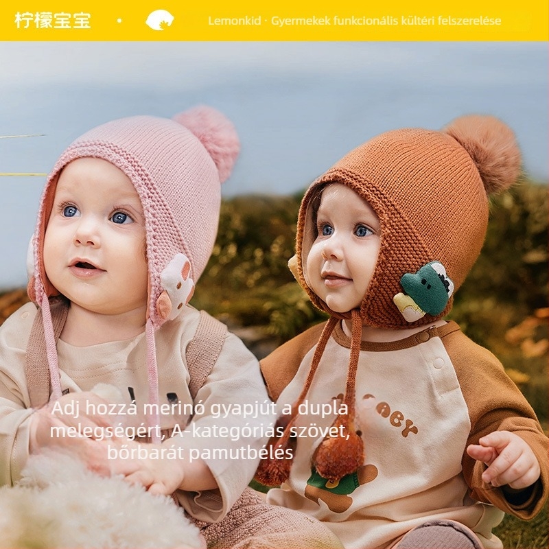 Lemon Baby kötött babasapka fülvédővel és pomponnal, meleg akril sapka tavaszra és őszre