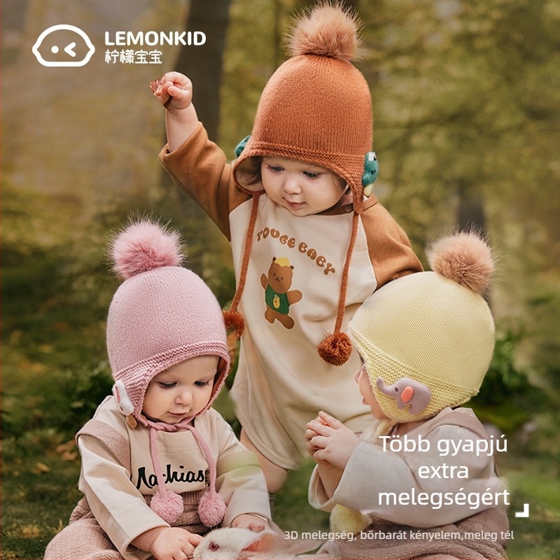 Lemon Baby kötött babasapka fülvédővel és pomponnal, meleg akril sapka tavaszra és őszre