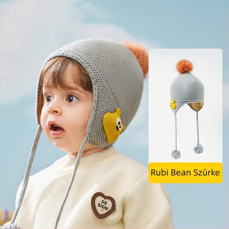 Lemon Baby kötött babasapka fülvédővel és pomponnal, meleg akril sapka tavaszra és őszre