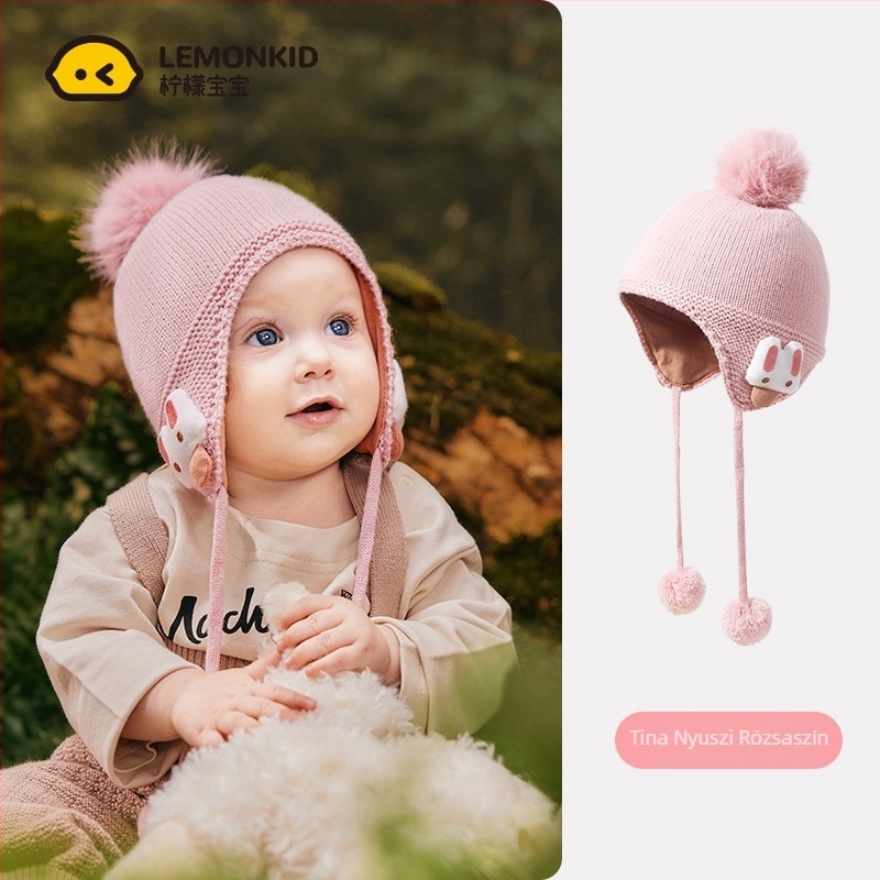 Lemon Baby kötött babasapka fülvédővel és pomponnal, meleg akril sapka tavaszra és őszre