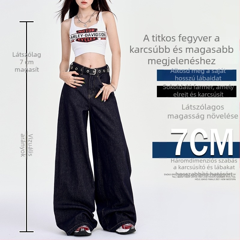 2026-os új modell kék denim széles szárú női farmer, plusz méret, karcsúsít a körte alakú testhez, magas derék, laza és kényelmes stílus